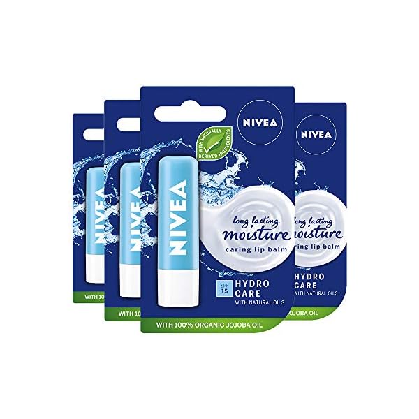 NIVEA-Lip-Balm-Hydro-Care-with-SPF-15-Pack-of-4-4-x-48g-Hydrating-Lip-Balm-with-Aloe-Vera-Moisturising-Lip-Care-with-Natural-Oils-for-12h-Moisture-Care-Lip-Balm-SPF-15 NIVEA Lip Balm Hydro Care with SPF 15 Pack of 4 (4 x 4.8g), Hydrating Lip Balm with Aloe Vera, Moisturising Lip Care…