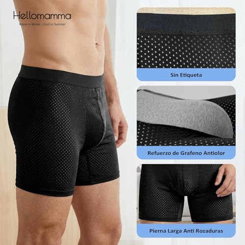 Hellomamma Men's Long Boxer Briefs: Breathable Mesh Cold Silk Underwear – Anti-Chafe Tagless for Men for Sport Gym and Cycling Size S-XL Pack of 4