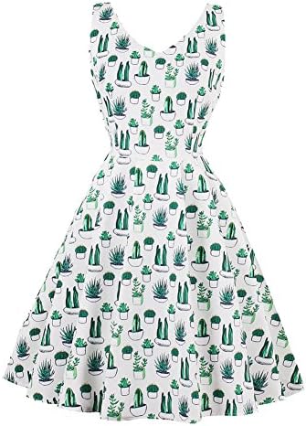 SUITEASY Women Retro Tea Dress Sleeveless Cactus Print Prom Party Cocktail Gown (X-Large)