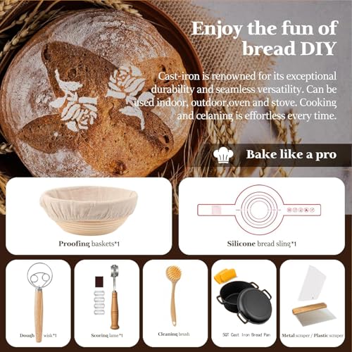 5QT Cast Iron Dutch Oven Sourdough Starter Kit with Proofing Basket & Lame | Includes Lid for Bread Baking. Ideal for Family Cooking, Frying, Braising & BBQ. Complete Baking Set.