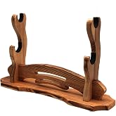 BiJun Sword Stand, Katana Stand 2-Tiers Solid Wood Toptable Sword Holder | Lightsaber Stand Sword Holder Sword Rack Display Wall Mounted for Wand Katana Wakizashi Tanto Display All Swords