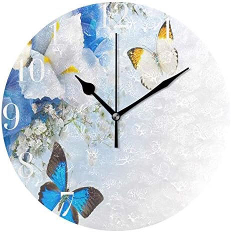 FunnyCustom Round Wall Clock Butterfly Blue Hydrangeas White Irises Acrylic Creative Decorative for Living Room/Kitchen/Bedroom/Family