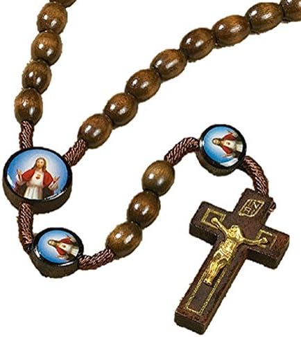 19" Beautiful Sacred Heart Devotional Wood Rosary Necklace Revelation 21:1