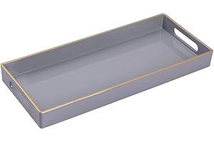 MAONAME Gray Bathroom Tray, Plastic Vanity Tray, Long Narrow Countertop Trays with Handles, Perfume Organizer Trays for Dresser, Bathroom Accessories, 13.8" x 6" x 1.57"