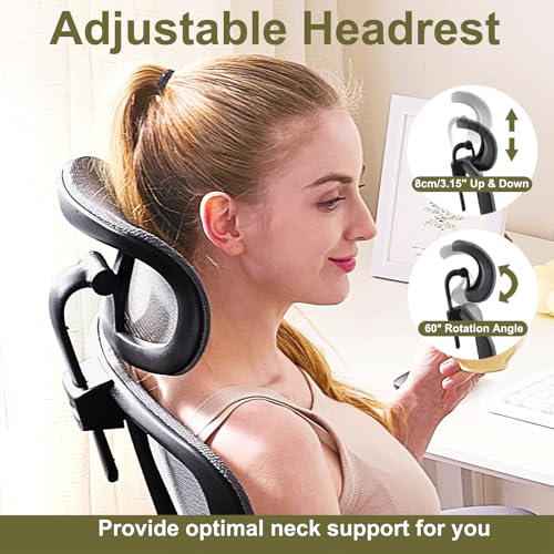 TONFARY Ergonomic Office Chair, High Back Mesh Office Chair, Adjustable Lumbar Support, Folding Armrest, Removable Headrest, Gaming Chair for Computer Swivel 150kg