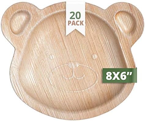 CaterEco Kids Teddy Bear Palm Leaf Plates Set | 20 Pack | Size 8" x 6" | Ecofriendly Disposable Dinnerware | Heavy Duty Biodegradable Party Utensils for Wedding, Camping & More