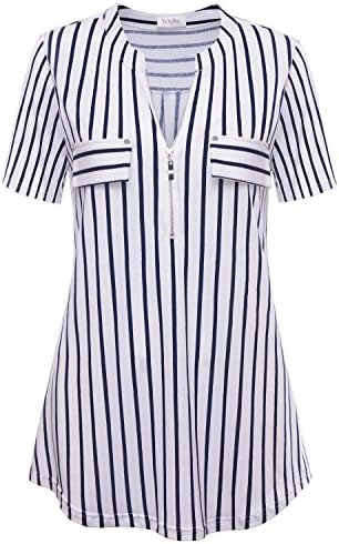 YaYa Bay Striped Tunic For Women, Ladies Vintage Striped T Shirt Blouse Tunic Designs Large Black White Sexy Deep V-Neck Short Sleeve Zip Up Nice Elegant Blouse For Women