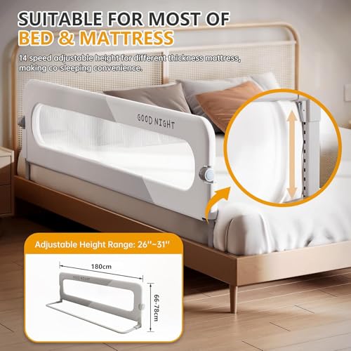 180cm*78cm Foldable Toddler Bed Side Rails, Baby Kids Safety Guard for Twin, Full, Queen Bunk King Size Swing Down Crib, Grey
