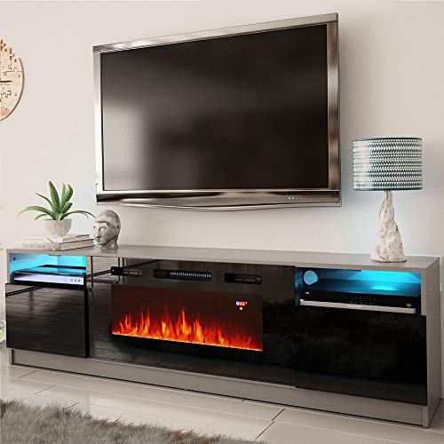 MEBLE FURNITURE & RUGS York 02 Electric Fireplace Modern 79" TV Stand (Gray/Black)