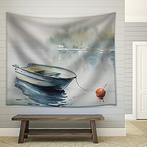 Watercolor Painting of a Landscape with Wooden Boat on The River, Covered with Fog. - Fabric Wall Tapestry Home Decor - 51x60 inches