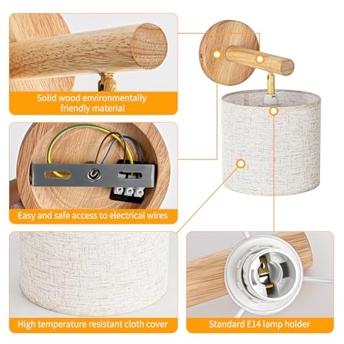 Gleonlux Vintage Interior Wall Light, Industrial Wood Wall Light E14, Retro Wall Lamp Fabric Lampshade, Sconces for Bedroom, Hallway, Living Room, Stairs, Bulb Not Included, Linen