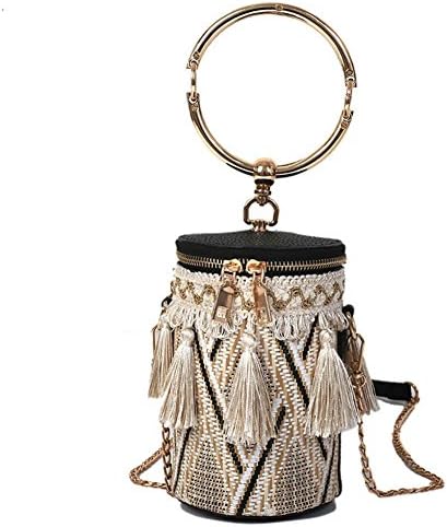 Eruditter Straw Woven Bucket Bag, Single-Shoulder Bag in Bohemian Style, with Tassel Decoration, Handmade Fashion Beach Bag
