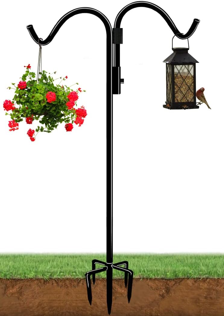 Outdoor Shepherd's Hooks - AnBaiMei 76 Inch Double Shepherds Hook for Outdoor with 5 Prong Base, Adjustable Heavy Duty Bird Feeder Pole for Hanging Flower Basket, Plant Hanger, Solar Light Lanterns, Black
