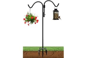 AnBaiMei 76 Inch Double Shepherds Hook for Outdoor with 5 Prong Base, Adjustable Heavy Duty Bird Feeder Pole for Hanging Flower Basket, Plant Hanger, Solar Light Lanterns, Black