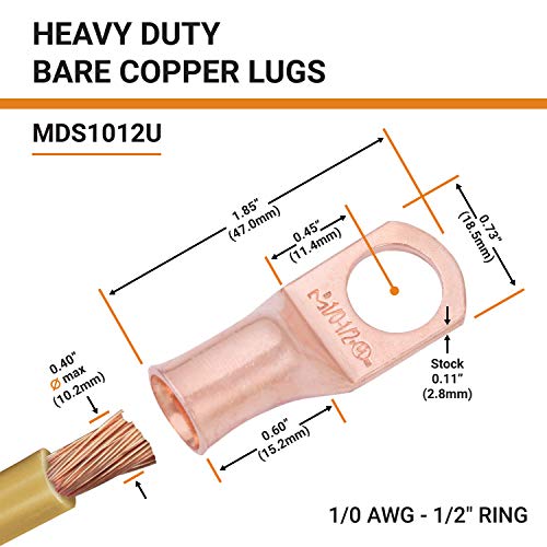 SELTERM 2pcs 1/0 AWG 1/2" Stud Copper Wire