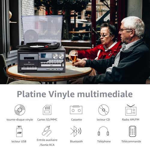 Vintage 9-in-1 Turntable with Bluetooth, 3 Speed Turntable, CD & Cassette Player, AM/FM Radio, USB/SD Encoding, AUX In & RCA Out