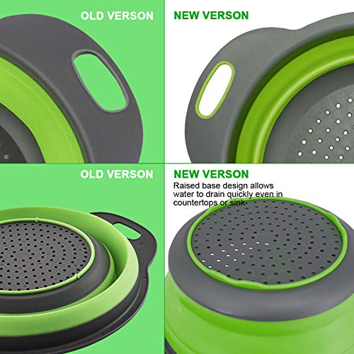 Huanlemai 3-Packs Green Silicone Kitchen Collapsible Colander Set - 6-Quart Square Over The Sink Colander + 4qt Round Veggies/Fruit Basket Strainers and Colanders +2qt Pasta Strainer With Handle