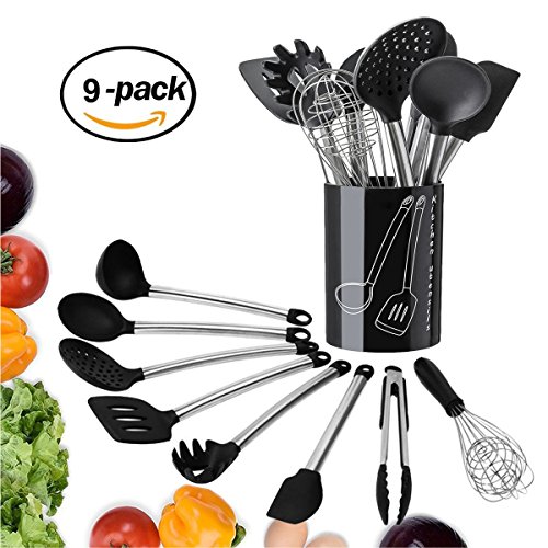9 Silicone Cooking Utensils+ Holder- Tatufy Stainless Steel & Silicone Kitchen Utensils Set, Nonstick Non-Scratch Kitchen Tools- Tongs, 2 Spoon, Spatula Tools, Turner Slotted, Ladle, Strainer, Whisk - Thumbnail 7