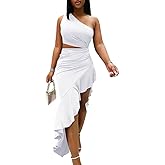 BEAGIMEG Women's Sexy Bodycon One Shoulder Ruffle Assymetrical Cut Out Club Party Cocktail Maxi Dress