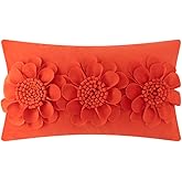 JWH 3D Flower Throw Pillow Cover Decorative Floral Accent Pillow Case Velvet Cushion Lumbar Pillowcase for Home Bed Sofa Couch Chair 12x20 Inches Orange Red