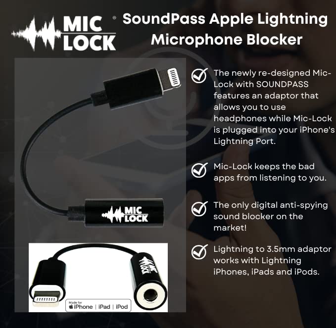 MicLock Lightning with Sound Pass Audio and Data Security Privacy Protector Lightning to 3