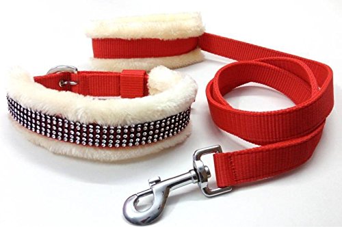 Skora Fur and Nylon Dog Collar and Leash 1.25 Inch (Red)