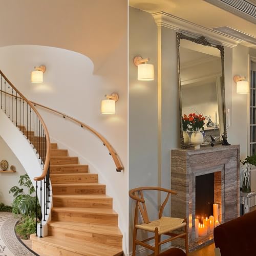 Gleonlux Vintage Interior Wall Light, Industrial Wood Wall Light E14, Retro Wall Lamp Fabric Lampshade, Sconces for Bedroom, Hallway, Living Room, Stairs, Bulb Not Included, Linen