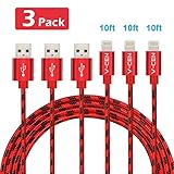 V-CEN Powerline Lightning Cable Charging Cable 3Pack 10FT Long Nylon Braided Lightning to USB Cable Charging for iPhone 7/7 Plus/6s/6s Plus/6/6Plus/5s/5c/5, iPad/iPod - Red