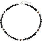 Kakikaki Sterling Silver 6MM Natural Black Onyx Tiger Eye Gemstone Round Beads Strand Choker Necklace for Women