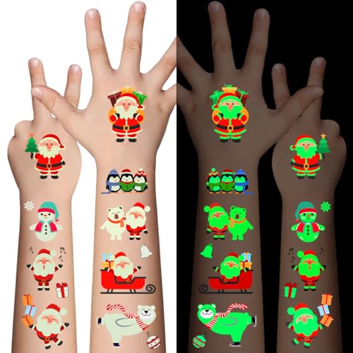 Awinmay Luminous Christmas Temporary Tattoos for Kids - 120 Pieces Christmas Glow in The Dark Tattoos Stickers for Boys and Girls,Christmas Party Favors for Kids Stocking Stuffers and Gifts 10 Sheets