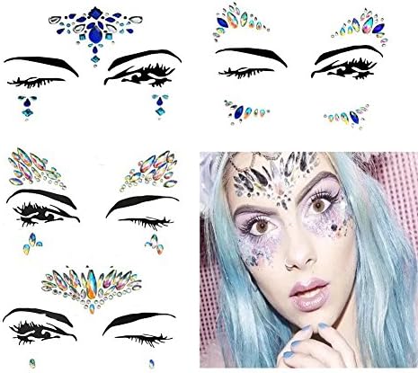 4 Sets Mermaid Face Gems Rhinestone Tattoo Festival Jewels Eyes Face Body Temporary Tattoos Glitter Temporary Tattoo Bindi Crystals Rainbow Tears Stickers