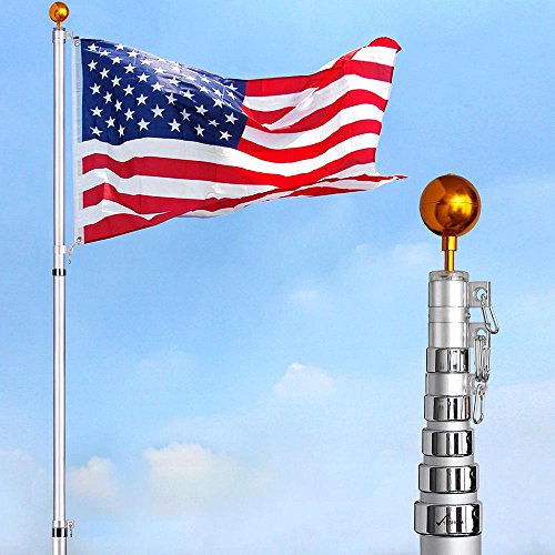 Yeshom 30 ft Flag Pole Kit Telescopic 16 Gauge Aluminum Flagpole Free 3'x5' US Flag & Ball Fly 2 Flags
