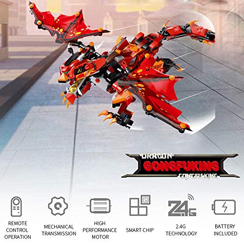 Insaneness Xmas Gifts RC Smart Dinosaur Building Blocks Walking Electronic Robot STEM DIY Toy for Kids (Red)