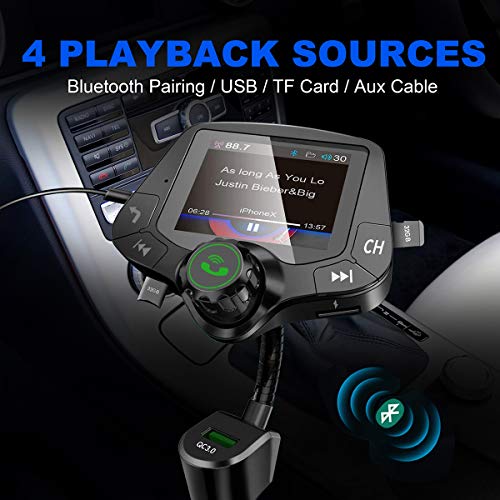 VR-robot Bluetooth FM Transmitter for car, Wireless Radio Adapter Hands-Free 2'' Color Display, with QC3.0 Fast Charging, 6 EQ Mode, AUX Input/Output, 3 USB Ports Charger, TF Card U-Disk Music Player