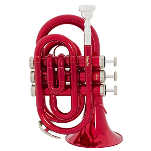 Mendini MPT-RL Red Lacquer Brass Bb Pocket Trumpet with One-Year Warranty, Tuner, Mouthpiece and Deluxe Case