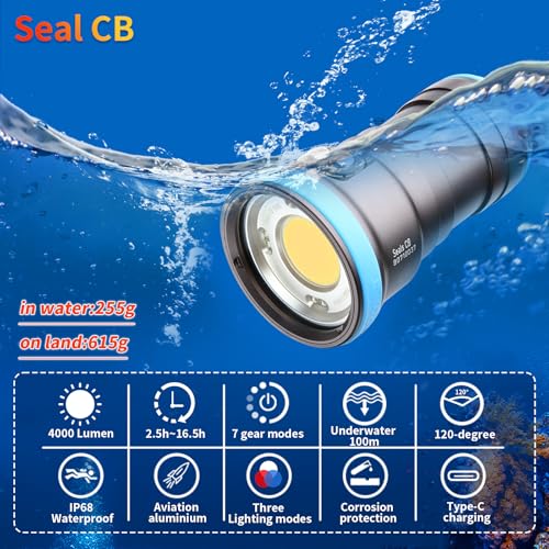LetonPower Seal CB Underwater Video Torch 4000 Lumen – 120° CRI 94 6500K, Waterproof 100 m, USB-C Charging for Professional Video and Underwater Photos