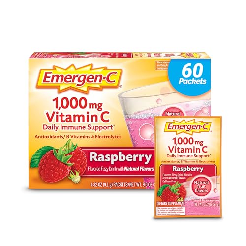 Emergen-C 1000mg Vitamin C Powder, with Antioxidants, B Vitamins and Electrolytes, Vitamin C Supplements for Immune Support, Caffeine Free Drink Mix, Raspberry Flavor - 60 Count/2 Month Supply