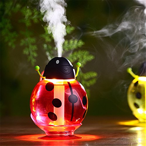 HF morning Beetle Mini Humidifier USB Portable Cool Mist Humidifier Car Whisper-quiet Air Purifier Night Light 6 hours Automatically Shut Off Ultrasonic Humidifier (82×82×117mm, Red)
