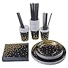 ANECO 146 pieces Black With Gold Foil Party Supplies Disposable Party Tableware Set for Graduation, Party, for 24 Guests