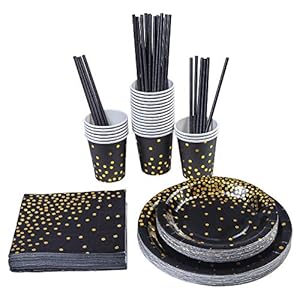 Aneco-146-pieces-Black-With-Gold-Foil-Party-Supplies-Disposable-Party-Tableware-Set-for-Graduation-Party-for-24-Guests ANECO 146 pieces Black With Gold Foil Party Supplies Disposable Party Tableware Set for Graduation, Party, for 24 Guests