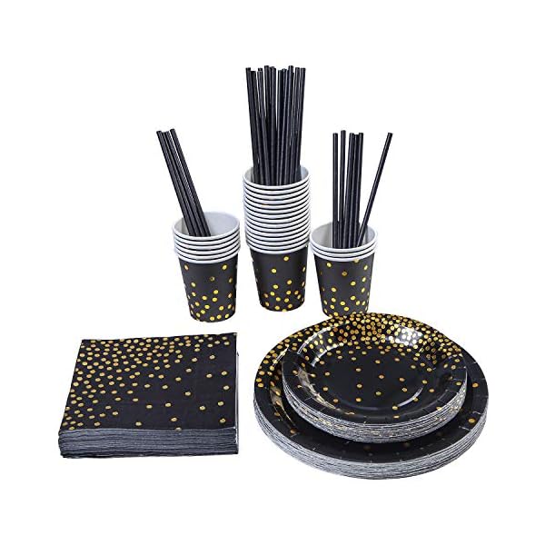 ANECO 146 pieces Black With Gold Foil Party Supplies Disposable Party Tableware Set for Graduation, Party, for 24 Guests
