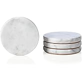 HAMAKAWA Real Natural Marble Coasters Set of 4, Carrara White Coaster 4 inch, Modern Round Stone, Trendy Drink Coasters for Coffee Table, Kitchen Decor, Office