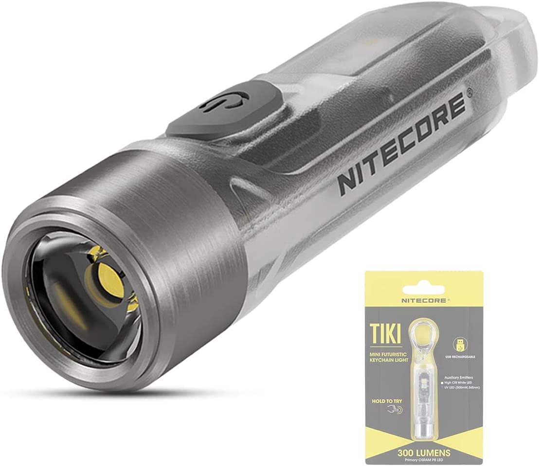 Nitecore Tiki Mini Torch – Rechargeable 300 Lumen – LED with Ultraviolet Light – Flashlight – Waterproof Keyring IP66 ([Transparent])