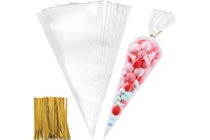 Cone Bag - 100 Pack Clear Cello Treat Bags 7 by 15 Inch Triangle Goody Bags with Twist Ties for Candies, Cookies (Large)