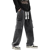 EMMIOL Baggy Straight Wide Leg Jeans Men Elastic Waist Cargo Denim Pants Y2k Casual Loose Fit Long Trousers Streetwear