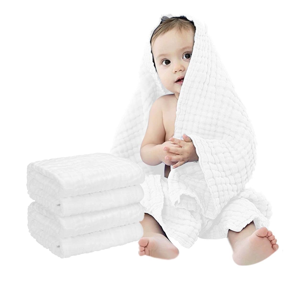 Photo 1 of FOOK FISH Muslin Baby Towel Super Soft and Absorbent Cotton Baby Bath Towels 2 Pack 6 Layers Infant Newborn Blanket Toddler and Kids Large 40 x 40inches (White)