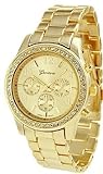Geneva Chronograph Look Watch with Crystals..Gold Tone Metal Link