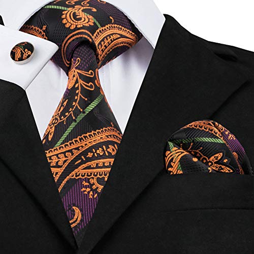 YOHOWA Mens Orange Black Silk Tie Pocket Square Paisley Necktie Cufflinks Set - Thumbnail 4