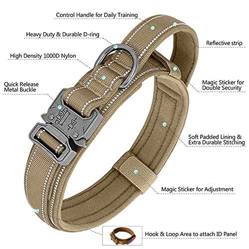 EGOBUY Tactical Dog Collar Reflective Nylon Adjustable Military Safety Soft Comfort Elastic Leash Metal Buckle and Handle with USA Flag Patch for Daily and Training