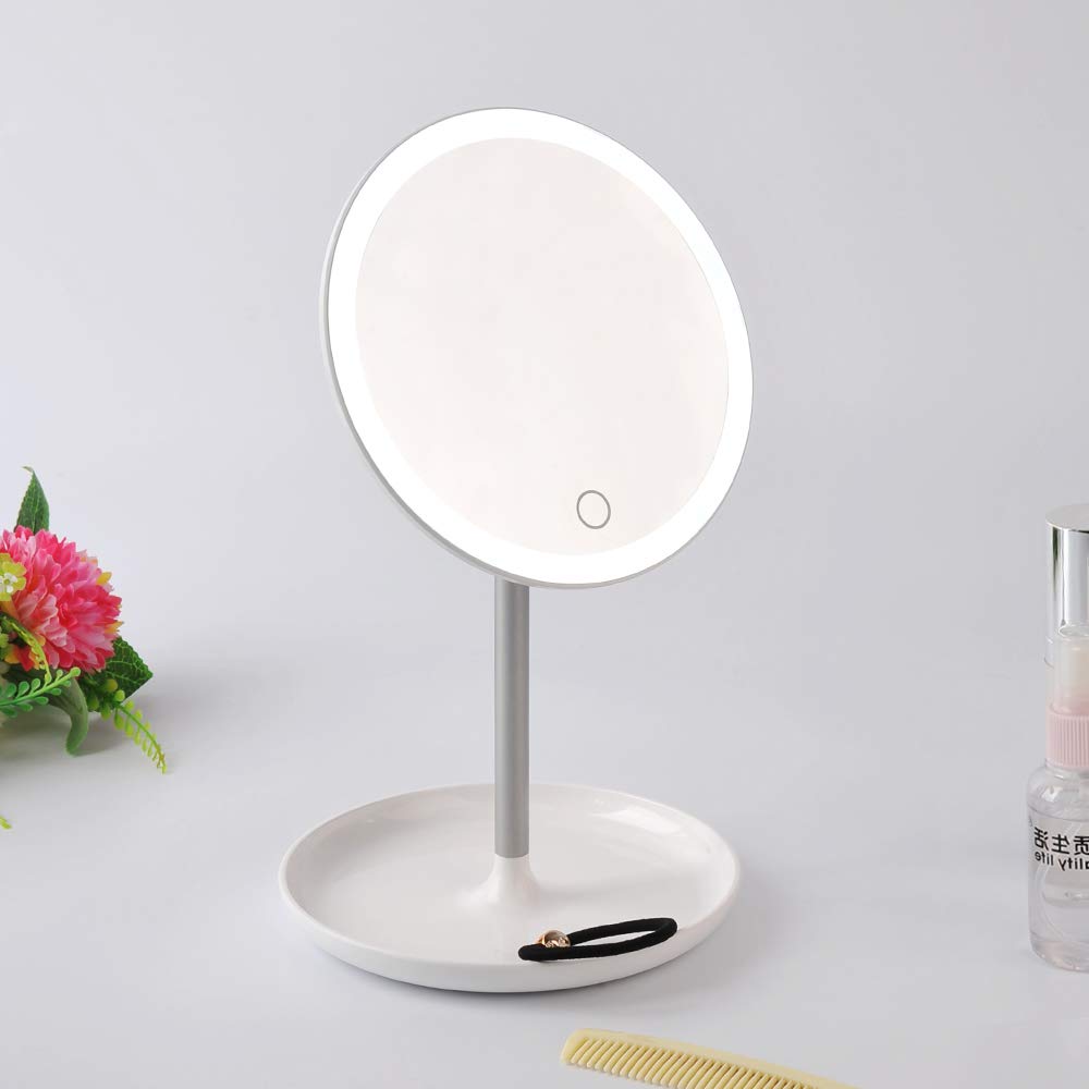 STARPIE Round Lighted Vanity Makeup Mirror with Rechargeable Natural White LED Daylight, Detachable, Storage Base, Touch Control, 360°Rotation and Dimmable Light Control By Touch Screen